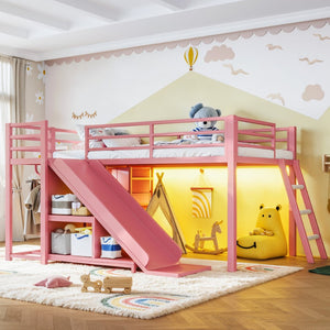 English Elm Twin Metal Loft Bed with Slide Ladder Storage Drawers Hanging Space for Kids Pink W5305S00126