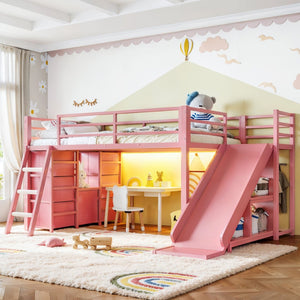 English Elm Twin Metal Loft Bed with Slide Ladder Storage Drawers Hanging Space for Kids Pink W5305S00126