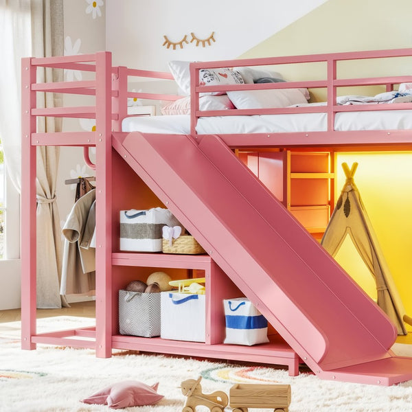 English Elm Twin Metal Loft Bed with Slide Ladder Storage Drawers Hanging Space for Kids Pink W5305S00126