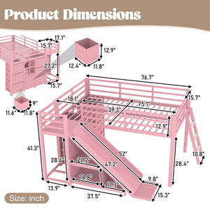 English Elm Twin Metal Loft Bed with Slide Ladder Storage Drawers Hanging Space for Kids Pink W5305S00126