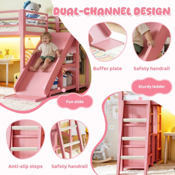 English Elm Twin Metal Loft Bed with Slide Ladder Storage Drawers Hanging Space for Kids Pink W5305S00126