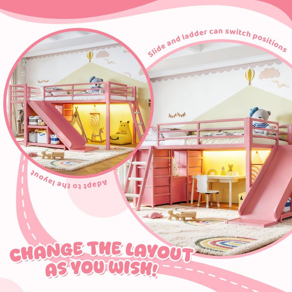 English Elm Twin Metal Loft Bed with Slide Ladder Storage Drawers Hanging Space for Kids Pink W5305S00126