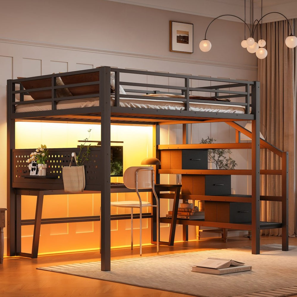 English Elm Full Size Steel Loft Bed with Staircase Drawers Pegboard Desk and Led Lighting Black W5305S00127