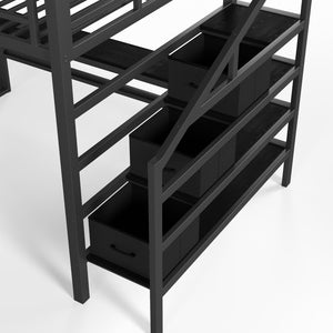 English Elm Full Size Steel Loft Bed with Staircase Drawers Pegboard Desk and Led Lighting Black W5305S00127