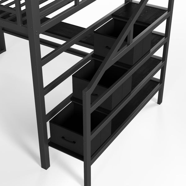 English Elm Full Size Steel Loft Bed with Staircase Drawers Pegboard Desk and Led Lighting Black W5305S00127
