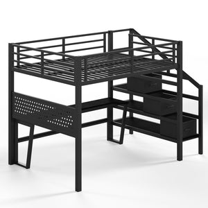 English Elm Full Size Steel Loft Bed with Staircase Drawers Pegboard Desk and Led Lighting Black W5305S00127
