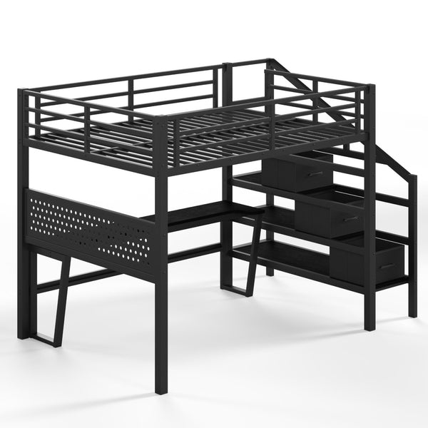 English Elm Full Size Steel Loft Bed with Staircase Drawers Pegboard Desk and Led Lighting Black W5305S00127