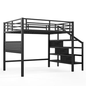 English Elm Full Size Steel Loft Bed with Staircase Drawers Pegboard Desk and Led Lighting Black W5305S00127