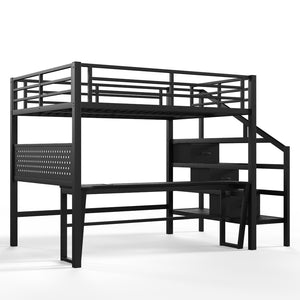 English Elm Full Size Steel Loft Bed with Staircase Drawers Pegboard Desk and Led Lighting Black W5305S00127