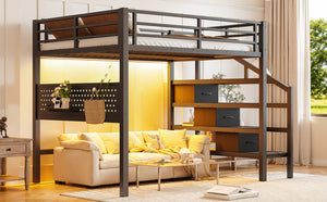 English Elm Full Size Steel Loft Bed with Staircase Drawers Pegboard Desk and Led Lighting Black W5305S00127
