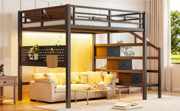 English Elm Full Size Steel Loft Bed with Staircase Drawers Pegboard Desk and Led Lighting Black W5305S00127