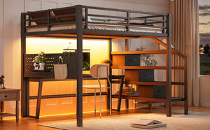English Elm Full Size Steel Loft Bed with Staircase Drawers Pegboard Desk and Led Lighting Black W5305S00127