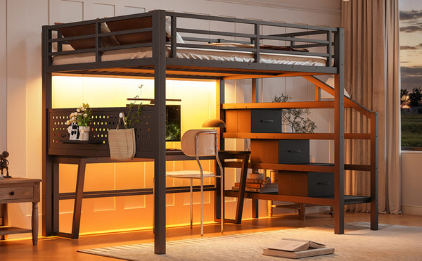 English Elm Full Size Steel Loft Bed with Staircase Drawers Pegboard Desk and Led Lighting Black W5305S00127