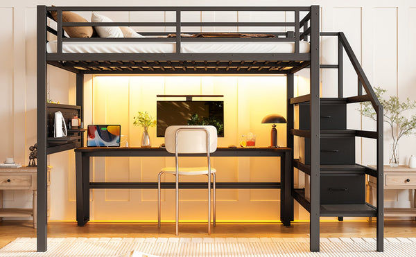 English Elm Full Size Steel Loft Bed with Staircase Drawers Pegboard Desk and Led Lighting Black W5305S00127