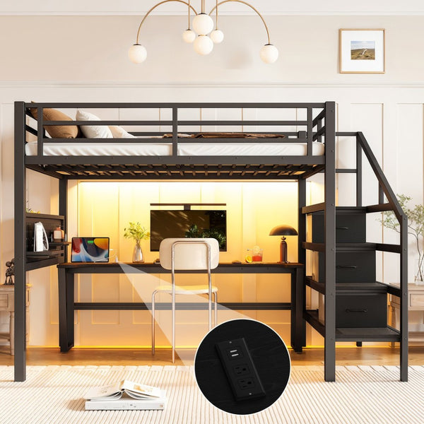English Elm Full Size Steel Loft Bed with Staircase Drawers Pegboard Desk and Led Lighting Black W5305S00127