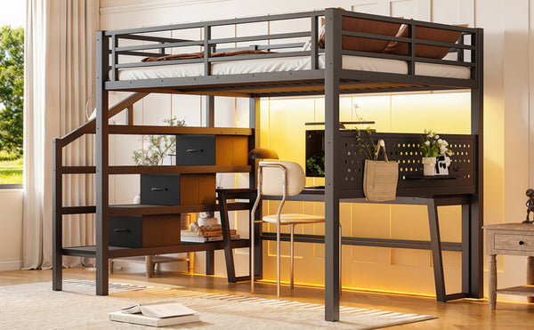 English Elm Full Size Steel Loft Bed with Staircase Drawers Pegboard Desk and Led Lighting Black W5305S00127