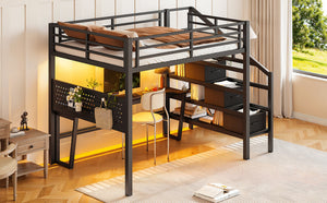 English Elm Full Size Steel Loft Bed with Staircase Drawers Pegboard Desk and Led Lighting Black W5305S00127