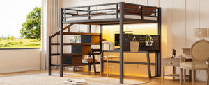 English Elm Full Size Steel Loft Bed with Staircase Drawers Pegboard Desk and Led Lighting Black W5305S00127