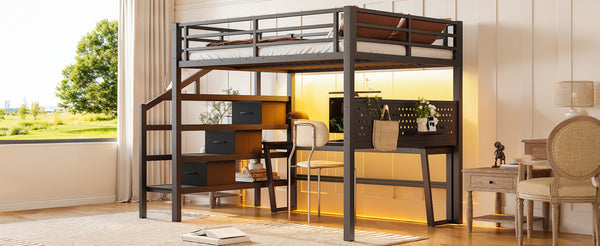 English Elm Full Size Steel Loft Bed with Staircase Drawers Pegboard Desk and Led Lighting Black W5305S00127