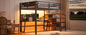 English Elm Full Size Steel Loft Bed with Staircase Drawers Pegboard Desk and Led Lighting Black W5305S00127