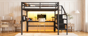 English Elm Full Size Steel Loft Bed with Staircase Drawers Pegboard Desk and Led Lighting Black W5305S00127