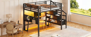 English Elm Full Size Steel Loft Bed with Staircase Drawers Pegboard Desk and Led Lighting Black W5305S00127