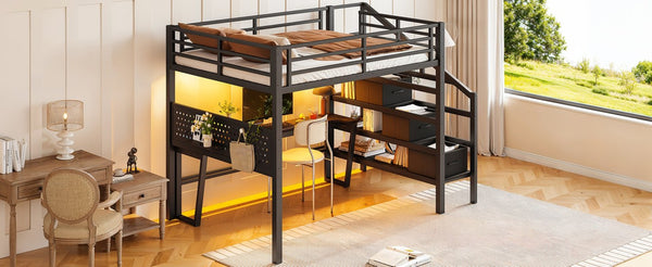 English Elm Full Size Steel Loft Bed with Staircase Drawers Pegboard Desk and Led Lighting Black W5305S00127