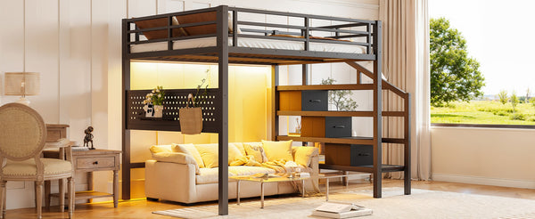 English Elm Full Size Steel Loft Bed with Staircase Drawers Pegboard Desk and Led Lighting Black W5305S00127