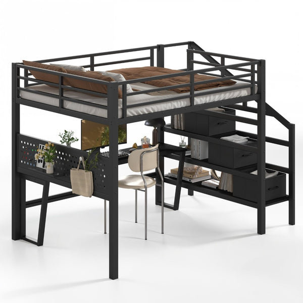 English Elm Full Size Steel Loft Bed with Staircase Drawers Pegboard Desk and Led Lighting Black W5305S00127