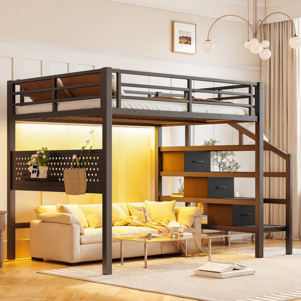 English Elm Full Size Steel Loft Bed with Staircase Drawers Pegboard Desk and Led Lighting Black W5305S00127
