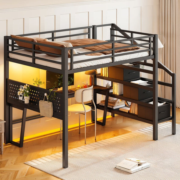 English Elm Full Size Steel Loft Bed with Staircase Drawers Pegboard Desk and Led Lighting Black W5305S00127