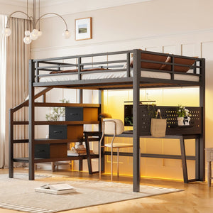 English Elm Full Size Steel Loft Bed with Staircase Drawers Pegboard Desk and Led Lighting Black W5305S00127