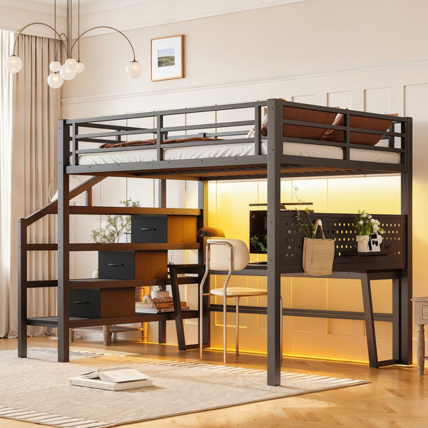English Elm Full Size Steel Loft Bed with Staircase Drawers Pegboard Desk and Led Lighting Black W5305S00127