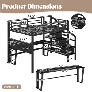 English Elm Full Size Steel Loft Bed with Staircase Drawers Pegboard Desk and Led Lighting Black W5305S00127