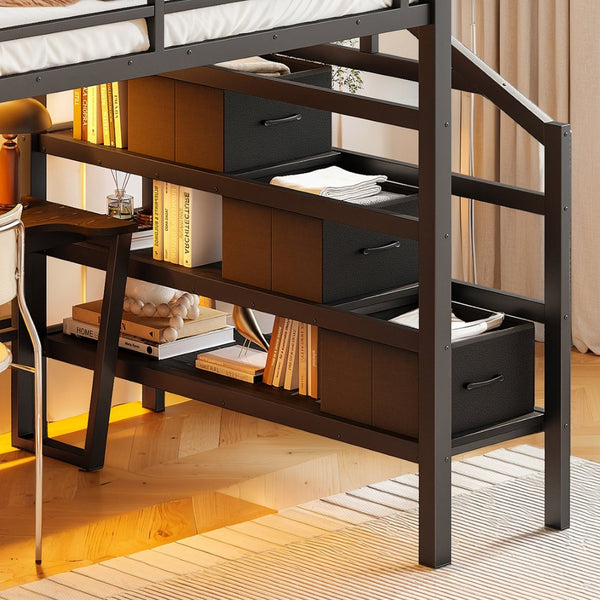 English Elm Full Size Steel Loft Bed with Staircase Drawers Pegboard Desk and Led Lighting Black W5305S00127