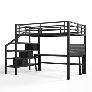 English Elm Full Size Steel Loft Bed with Staircase Drawers Pegboard Desk and Led Lighting Black W5305S00127