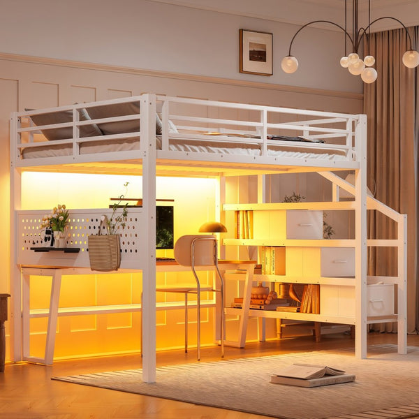 English Elm Full Size Steel Loft Bed with Staircase Drawers Pegboard Desk and Led Lighting Antique White W5305S00128