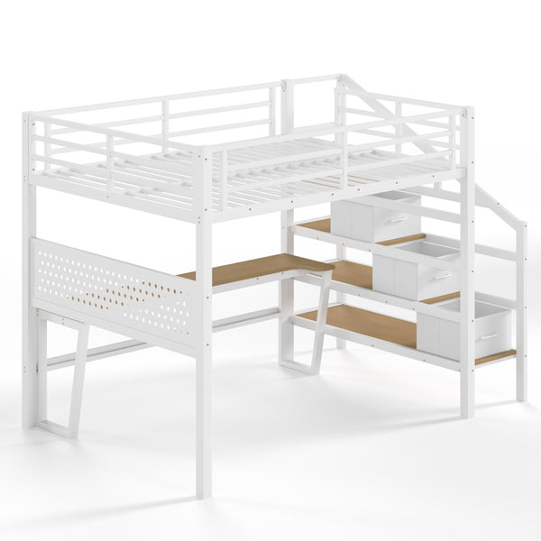 English Elm Full Size Steel Loft Bed with Staircase Drawers Pegboard Desk and Led Lighting Antique White W5305S00128