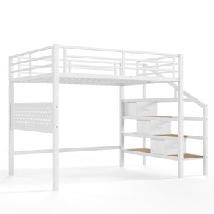 English Elm Full Size Steel Loft Bed with Staircase Drawers Pegboard Desk and Led Lighting Antique White W5305S00128