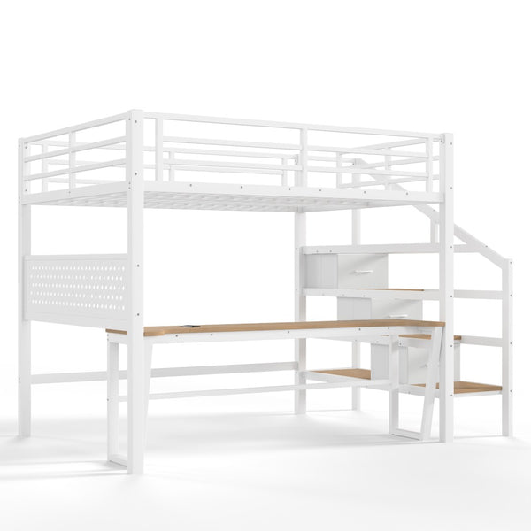 English Elm Full Size Steel Loft Bed with Staircase Drawers Pegboard Desk and Led Lighting Antique White W5305S00128