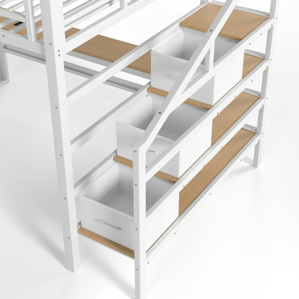 English Elm Full Size Steel Loft Bed with Staircase Drawers Pegboard Desk and Led Lighting Antique White W5305S00128