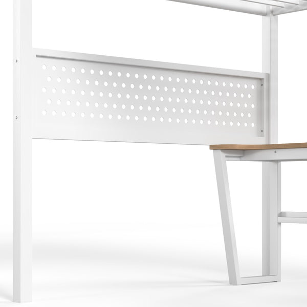 English Elm Full Size Steel Loft Bed with Staircase Drawers Pegboard Desk and Led Lighting Antique White W5305S00128
