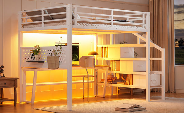 English Elm Full Size Steel Loft Bed with Staircase Drawers Pegboard Desk and Led Lighting Antique White W5305S00128