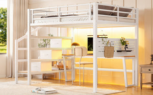English Elm Full Size Steel Loft Bed with Staircase Drawers Pegboard Desk and Led Lighting Antique White W5305S00128