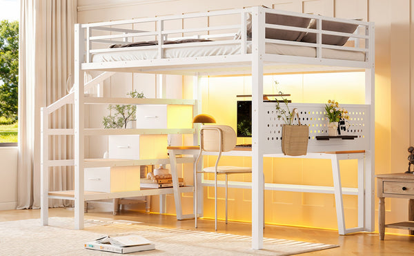 English Elm Full Size Steel Loft Bed with Staircase Drawers Pegboard Desk and Led Lighting Antique White W5305S00128