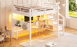 English Elm Full Size Steel Loft Bed with Staircase Drawers Pegboard Desk and Led Lighting Antique White W5305S00128