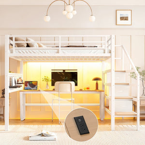 English Elm Full Size Steel Loft Bed with Staircase Drawers Pegboard Desk and Led Lighting Antique White W5305S00128