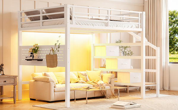 English Elm Full Size Steel Loft Bed with Staircase Drawers Pegboard Desk and Led Lighting Antique White W5305S00128