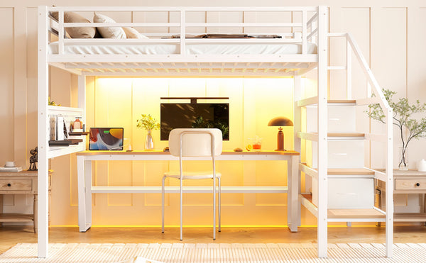 English Elm Full Size Steel Loft Bed with Staircase Drawers Pegboard Desk and Led Lighting Antique White W5305S00128
