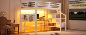 English Elm Full Size Steel Loft Bed with Staircase Drawers Pegboard Desk and Led Lighting Antique White W5305S00128